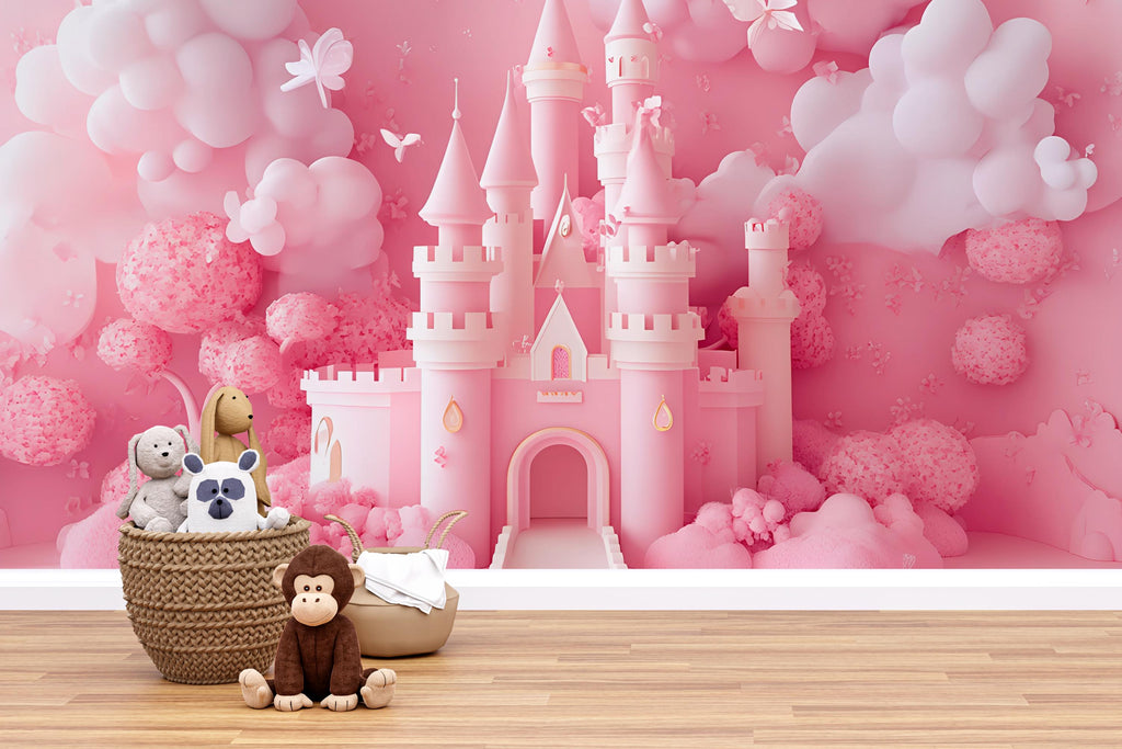 3D Pink Castle Wall Mural – Fantasy Nursery Wallpaper for Girls Room, 3D Style Princess Decor, Baby Girl Peel and Stick Wall Art