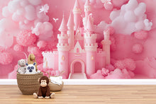 Load image into Gallery viewer, 3D Pink Castle Wall Mural – Fantasy Nursery Wallpaper for Girls Room, 3D Style Princess Decor, Baby Girl Peel and Stick Wall Art