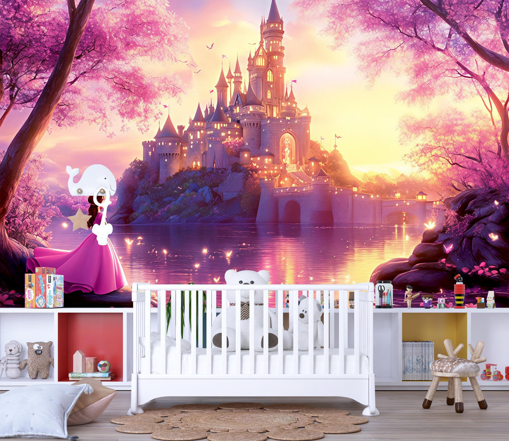 Fairytale Castle Wall Mural – Sunset Princess Wallpaper for Girls Room or Nursery, Peel and Stick Fantasy Wall Art, Magical Room Decor