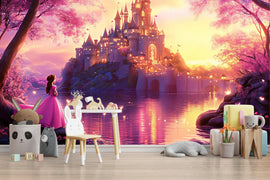 Fairytale Castle Wall Mural – Sunset Princess Wallpaper for Girls Room or Nursery, Peel and Stick Fantasy Wall Art, Magical Room Decor