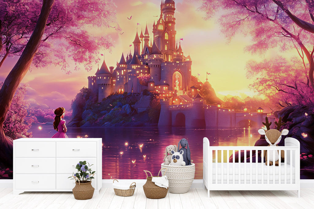 Fairytale Castle Wall Mural – Sunset Princess Wallpaper for Girls Room or Nursery, Peel and Stick Fantasy Wall Art, Magical Room Decor