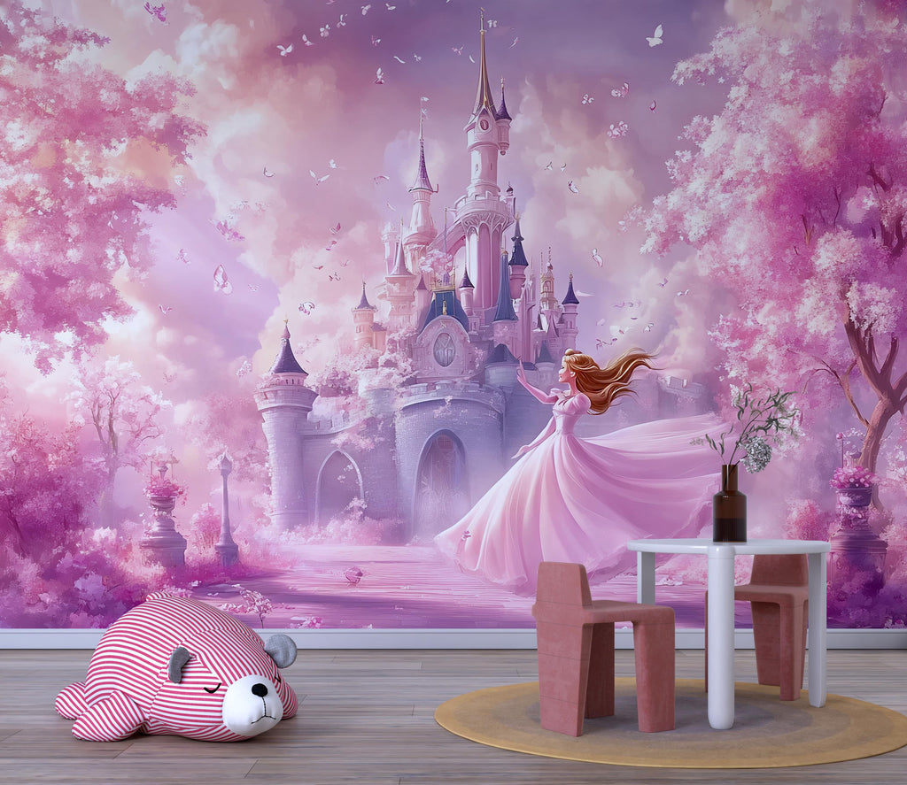 Fairytale Princess Castle Wall Mural – Soft Pink Nursery Wallpaper, Peel and Stick Princess Room Decor, Girls Bedroom Fantasy Wall Art