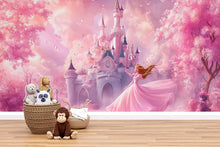 Load image into Gallery viewer, Fairytale Princess Castle Wall Mural – Soft Pink Nursery Wallpaper, Peel and Stick Princess Room Decor, Girls Bedroom Fantasy Wall Art