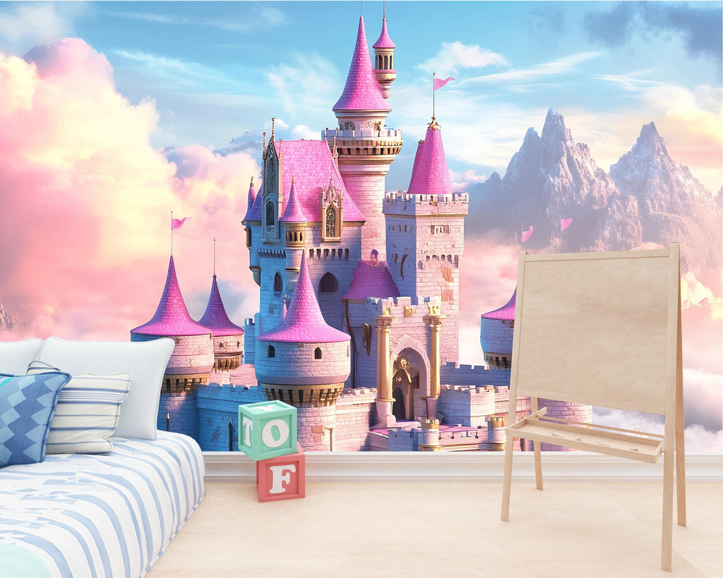 Pink Castle Wall Mural – Fantasy Clouds Wallpaper for Girls Room or Nursery, Dreamy Princess Castle Art, Peel and Stick Kids Wall Decor