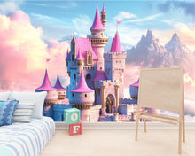 Load image into Gallery viewer, Pink Castle Wall Mural – Fantasy Clouds Wallpaper for Girls Room or Nursery, Dreamy Princess Castle Art, Peel and Stick Kids Wall Decor