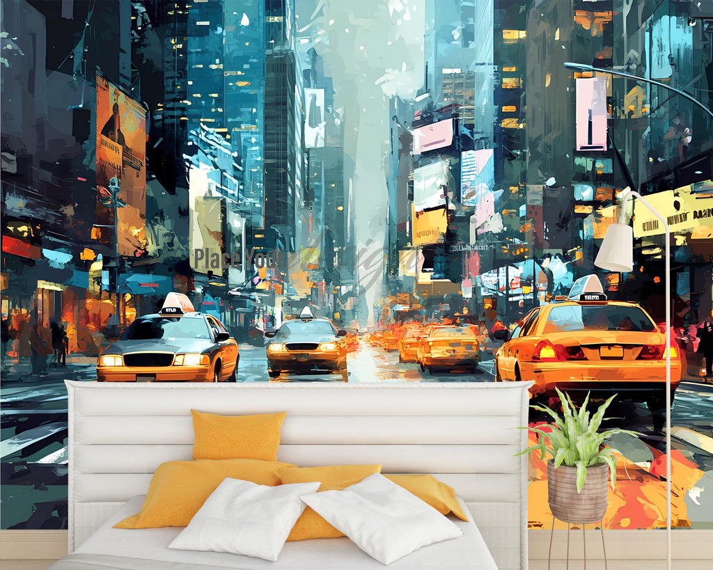 NYC Street Wall Mural – Times Square Taxi Cityscape Wallpaper, Urban New York Decor, Modern Peel and Stick Wall Art for Bedroom or Office
