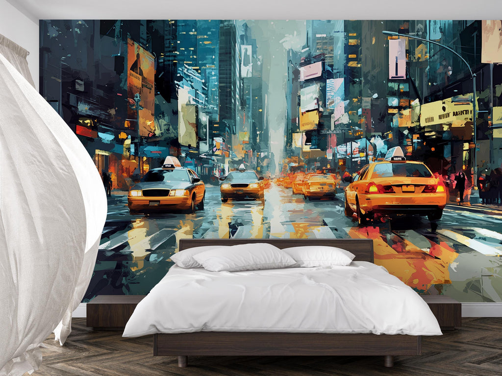 NYC Street Wall Mural – Times Square Taxi Cityscape Wallpaper, Urban New York Decor, Modern Peel and Stick Wall Art for Bedroom or Office
