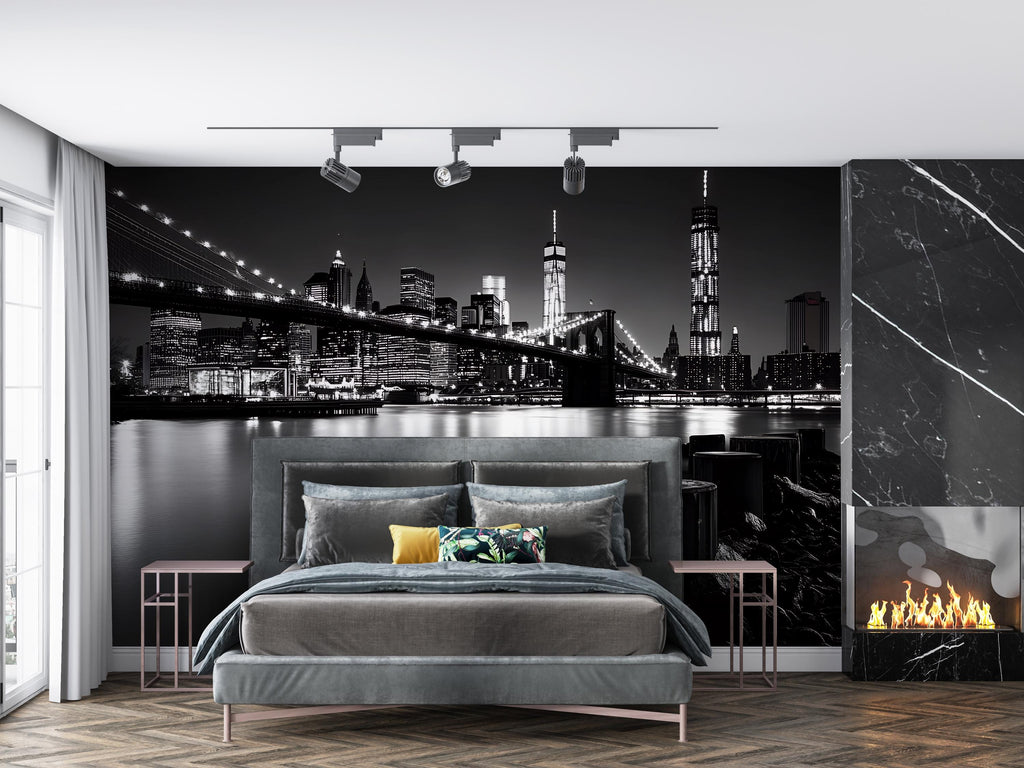 Black & White NYC Skyline Wall Mural – Brooklyn Bridge Cityscape Wallpaper, Modern New York Decor, Peel and Stick Urban Wall Art