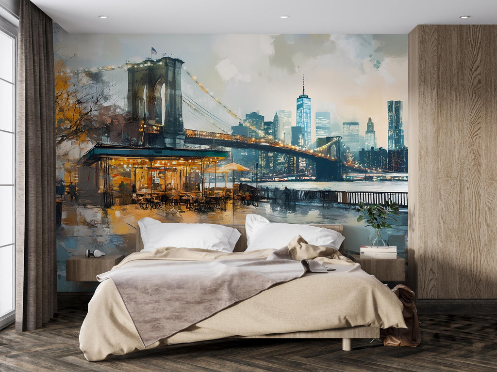 Brooklyn Bridge NYC Wall Mural – Painted New York Skyline Wallpaper, Urban Café Cityscape, Peel and Stick Modern Loft Wall Art