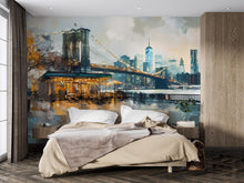 Load image into Gallery viewer, Brooklyn Bridge NYC Wall Mural – Painted New York Skyline Wallpaper, Urban Café Cityscape, Peel and Stick Modern Loft Wall Art