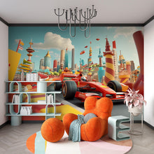 Load image into Gallery viewer, Race Car Wall Mural – Formula 1 Track Wallpaper for Kids Room, Bold Racing Theme Peel and Stick Mural, Sports Car Nursery Decor