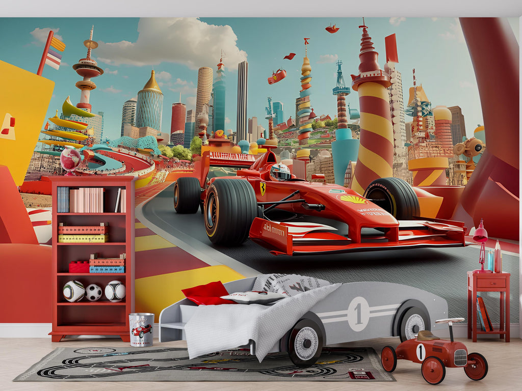 Race Car Wall Mural – Formula 1 Track Wallpaper for Kids Room, Bold Racing Theme Peel and Stick Mural, Sports Car Nursery Decor