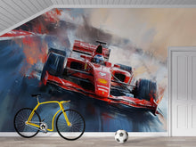 Load image into Gallery viewer, Formula 1 Wall Mural – Painted Racing Car Wallpaper, Red F1 Action Mural for Boys Room or Garage, Peel and Stick Sports Wall Art
