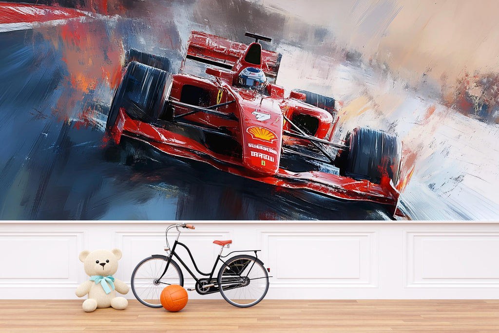 Formula 1 Wall Mural – Painted Racing Car Wallpaper, Red F1 Action Mural for Boys Room or Garage, Peel and Stick Sports Wall Art