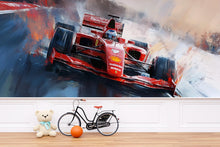 Load image into Gallery viewer, Formula 1 Wall Mural – Painted Racing Car Wallpaper, Red F1 Action Mural for Boys Room or Garage, Peel and Stick Sports Wall Art