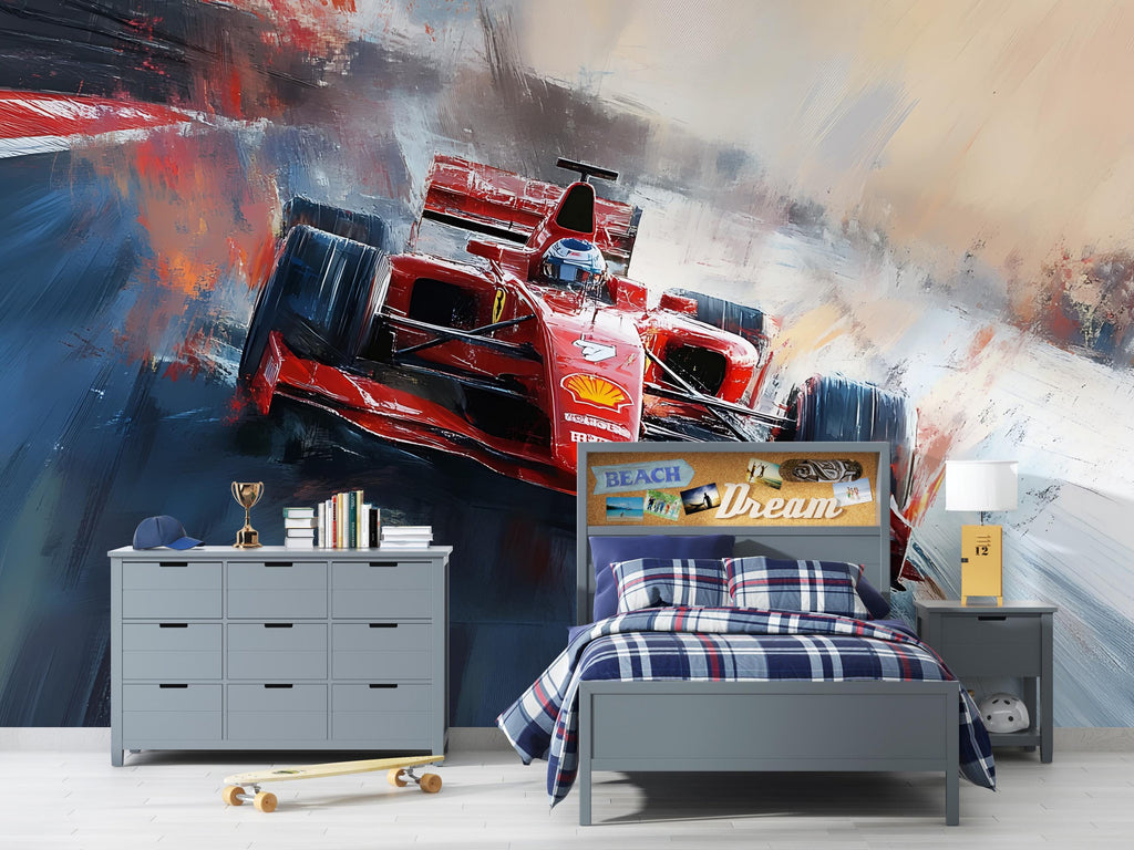 Formula 1 Wall Mural – Painted Racing Car Wallpaper, Red F1 Action Mural for Boys Room or Garage, Peel and Stick Sports Wall Art