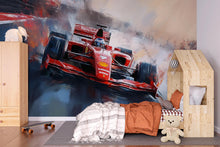 Load image into Gallery viewer, Formula 1 Wall Mural – Painted Racing Car Wallpaper, Red F1 Action Mural for Boys Room or Garage, Peel and Stick Sports Wall Art