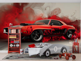 Red Muscle Car Wall Mural – Burnout Smoke Effect Wallpaper, Peel and Stick Garage Decor, Bold Car Mural for Boys Room or Auto Shop