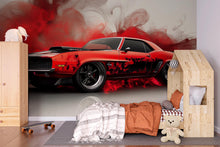 Load image into Gallery viewer, Red Muscle Car Wall Mural – Burnout Smoke Effect Wallpaper, Peel and Stick Garage Decor, Bold Car Mural for Boys Room or Auto Shop