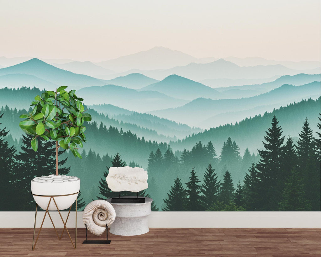 Watercolor Mountain Mural, Peel and Stick Pine Tree Wallpaper 701RS