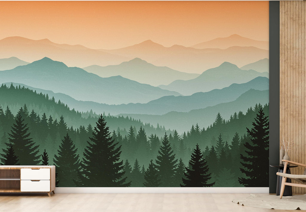 Mountain Wallpaper Peel and Stick Mountain Watercolor Wallpaper Mountain Wall Art Pine Tree Nature Wallpaper Blue Mountain Mural 702RS