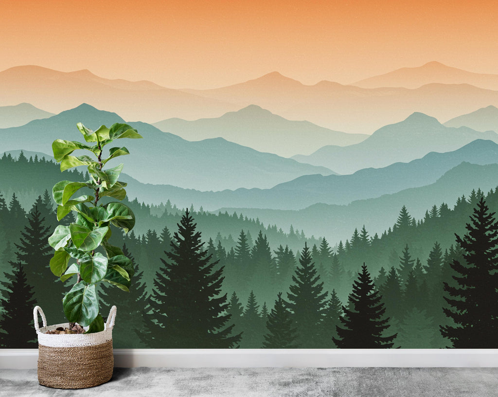 Mountain Wallpaper Peel and Stick Mountain Watercolor Wallpaper Mountain Wall Art Pine Tree Nature Wallpaper Blue Mountain Mural 702RS