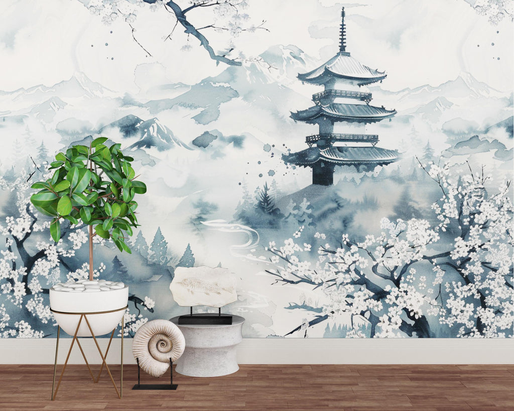 Japanese Nature Wallpaper Wall Graphics Japanese Pagoda Peel and Stick Girl room Wallpaper Self Japan Traditional Pattern 703RS