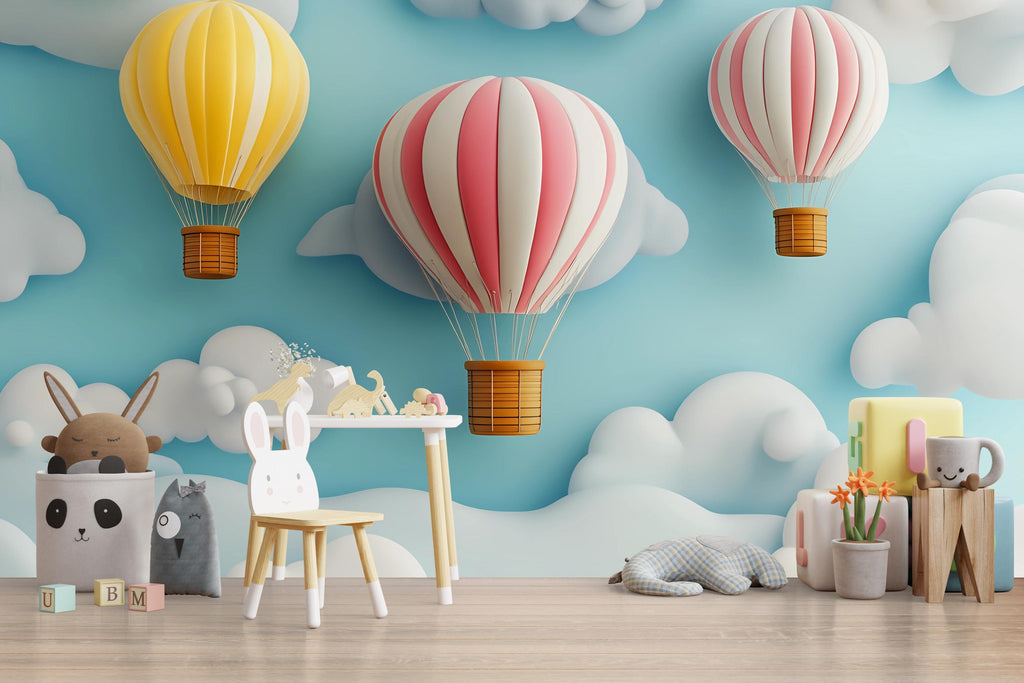 Hot Air Balloon Wall Mural – 3D Pastel Cloud Nursery Wallpaper for Baby Room, Kids Bedroom Decor – Peel & Stick or Non-Woven