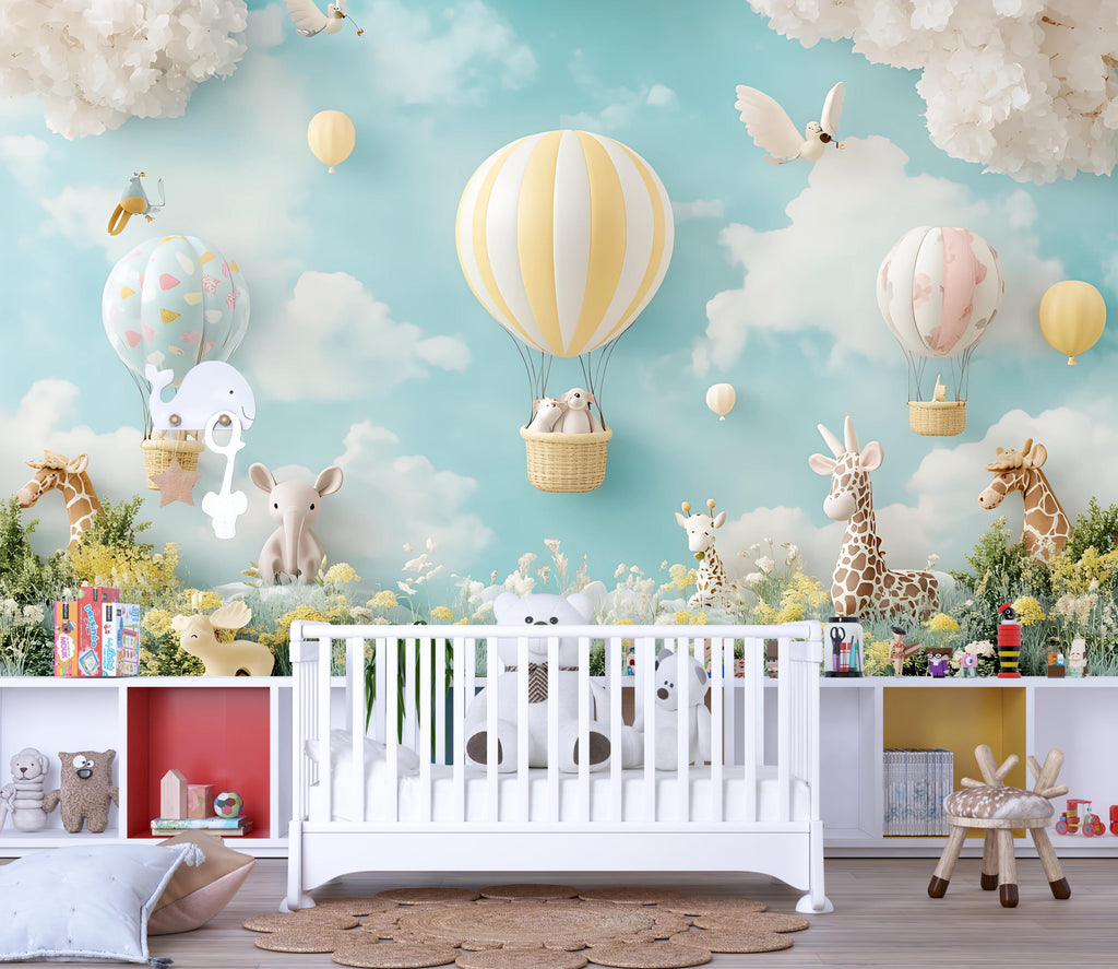 Safari Balloon Nursery Wall Mural – 3D Jungle Animal & Cloud Wallpaper for Baby Room, Peel and Stick or Non-Woven