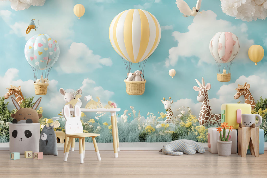 Safari Balloon Nursery Wall Mural – 3D Jungle Animal & Cloud Wallpaper for Baby Room, Peel and Stick or Non-Woven