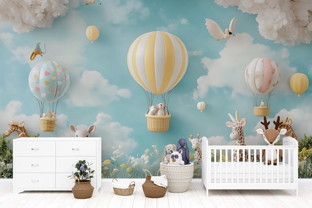 Safari Balloon Nursery Wall Mural – 3D Jungle Animal & Cloud Wallpaper for Baby Room, Peel and Stick or Non-Woven