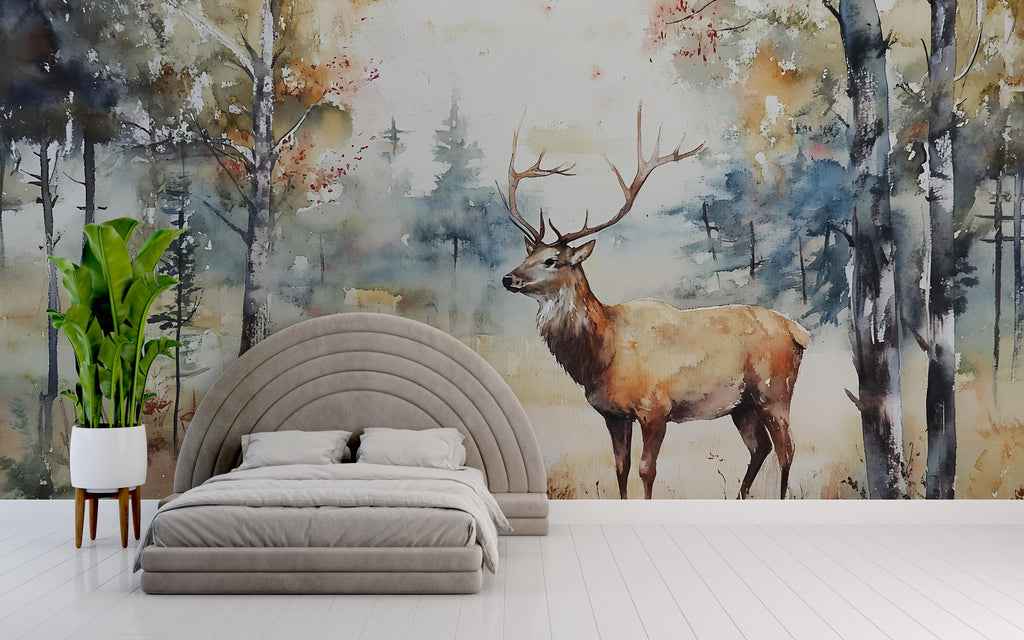 Watercolor Deer Wall Mural – Elegant Forest Scene Wallpaper – Artistic Nature Decor – Gift for Rustic Style or Birthday Home Upgrade