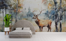 Load image into Gallery viewer, Watercolor Deer Wall Mural – Elegant Forest Scene Wallpaper – Artistic Nature Decor – Gift for Rustic Style or Birthday Home Upgrade