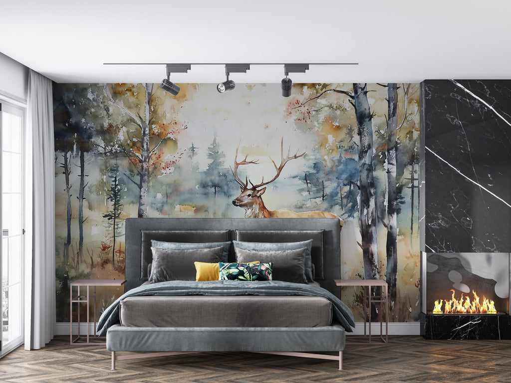 Watercolor Deer Wall Mural – Elegant Forest Scene Wallpaper – Artistic Nature Decor – Gift for Rustic Style or Birthday Home Upgrade