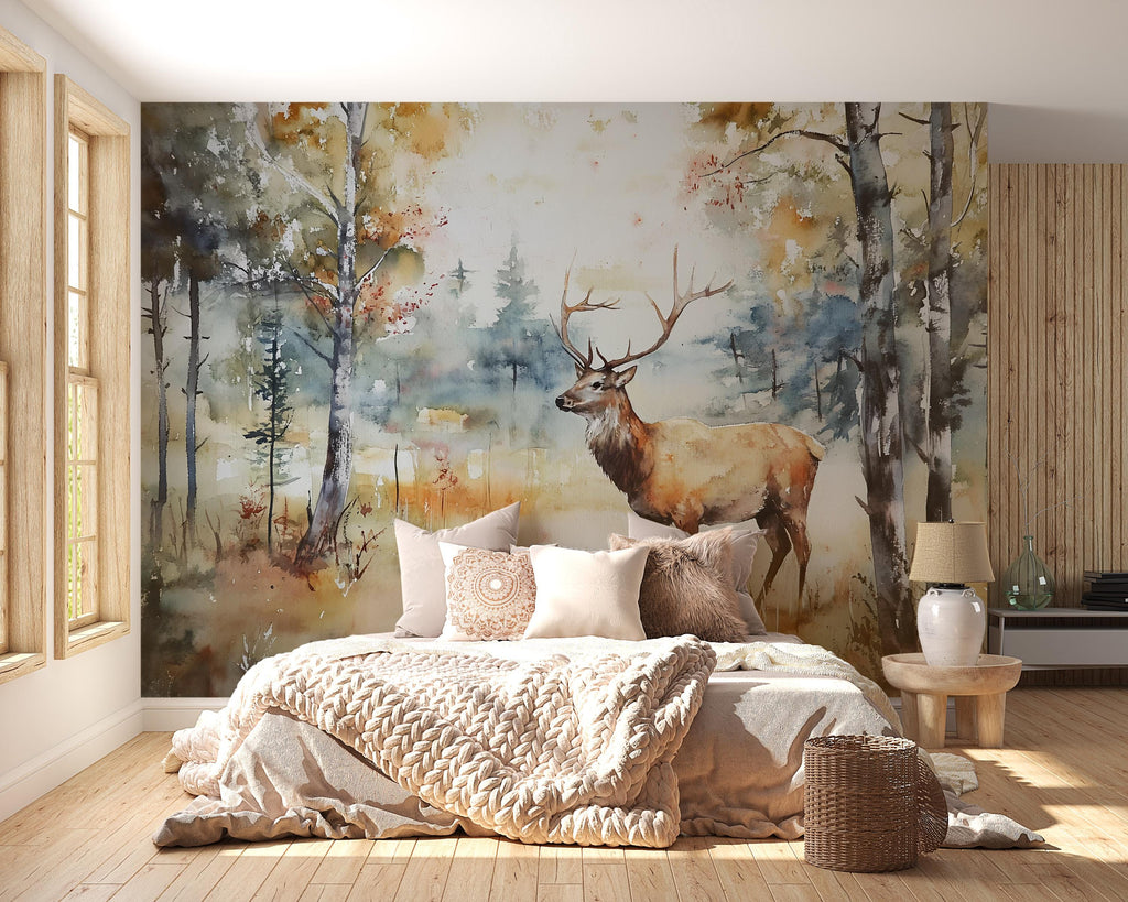 Watercolor Deer Wall Mural – Elegant Forest Scene Wallpaper – Artistic Nature Decor – Gift for Rustic Style or Birthday Home Upgrade