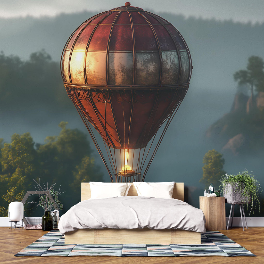 Vintage Hot Air Balloon Wall Mural – Steampunk Adventure Wallpaper for Bedroom or Kids Room, Peel & Stick or Non-Woven