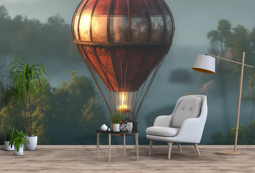 Vintage Hot Air Balloon Wall Mural – Steampunk Adventure Wallpaper for Bedroom or Kids Room, Peel & Stick or Non-Woven