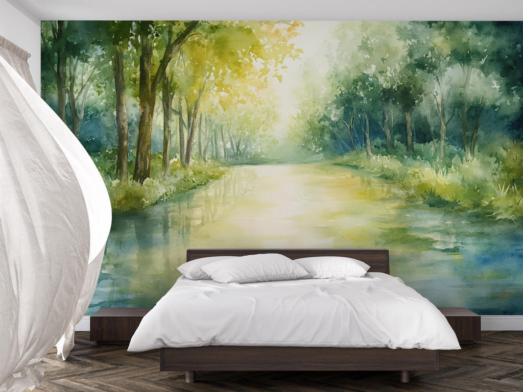 Watercolor Forest Wall Mural – Green Woodland Nature Wallpaper – Artistic Landscape Decor – Gift for Stylish Homes or Holiday Interiors
