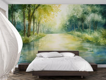 Load image into Gallery viewer, Watercolor Forest Wall Mural – Green Woodland Nature Wallpaper – Artistic Landscape Decor – Gift for Stylish Homes or Holiday Interiors