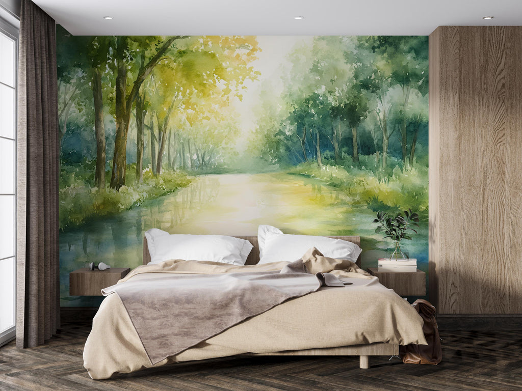 Watercolor Forest Wall Mural – Green Woodland Nature Wallpaper – Artistic Landscape Decor – Gift for Stylish Homes or Holiday Interiors