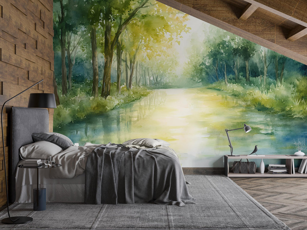 Watercolor Forest Wall Mural – Green Woodland Nature Wallpaper – Artistic Landscape Decor – Gift for Stylish Homes or Holiday Interiors