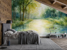 Load image into Gallery viewer, Watercolor Forest Wall Mural – Green Woodland Nature Wallpaper – Artistic Landscape Decor – Gift for Stylish Homes or Holiday Interiors
