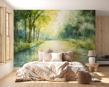 Load image into Gallery viewer, Watercolor Forest Wall Mural – Green Woodland Nature Wallpaper – Artistic Landscape Decor – Gift for Stylish Homes or Holiday Interiors