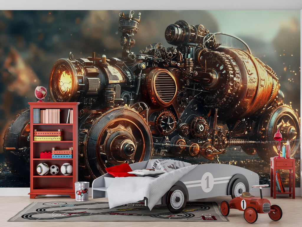 Steampunk Engine Wall Mural – Industrial Gear Machine Wallpaper for Game Room, Office or Studio – Peel & Stick or Non-Woven