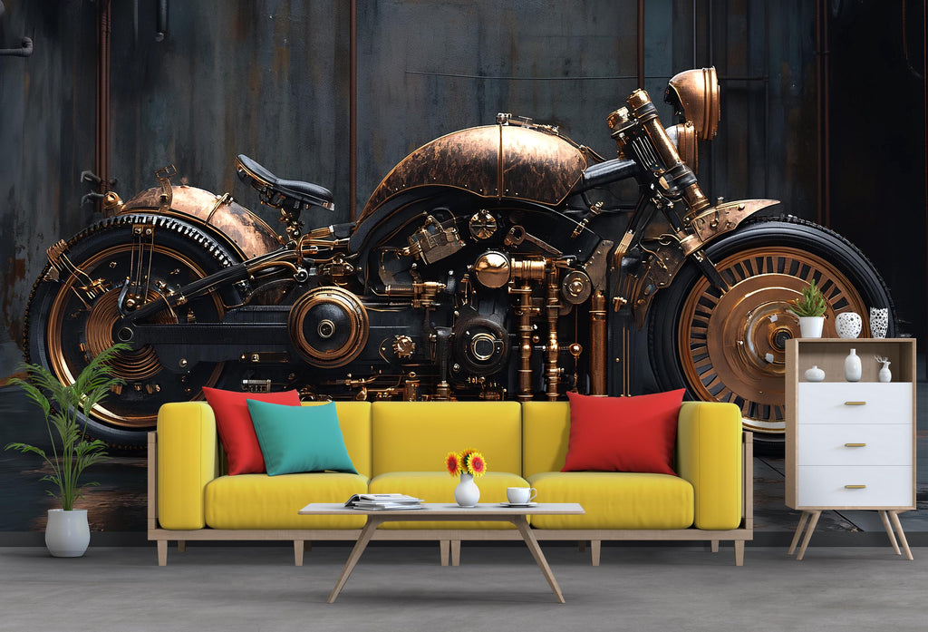 Steampunk Motorcycle Wall Mural – Vintage Industrial Bike Wallpaper for Man Cave, Garage, Office – Peel & Stick or Non-Woven