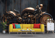 Load image into Gallery viewer, Steampunk Motorcycle Wall Mural – Vintage Industrial Bike Wallpaper for Man Cave, Garage, Office – Peel &amp; Stick or Non-Woven