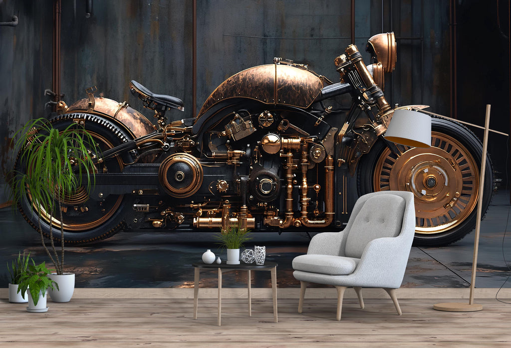 Steampunk Motorcycle Wall Mural – Vintage Industrial Bike Wallpaper for Man Cave, Garage, Office – Peel & Stick or Non-Woven