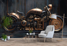Load image into Gallery viewer, Steampunk Motorcycle Wall Mural – Vintage Industrial Bike Wallpaper for Man Cave, Garage, Office – Peel &amp; Stick or Non-Woven