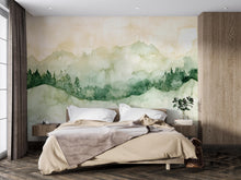 Load image into Gallery viewer, Watercolor Mountain Wall Mural – Minimalist Green Landscape Wallpaper – Stylish Nature Decor Gift – Artistic Bedroom or Holiday Accent