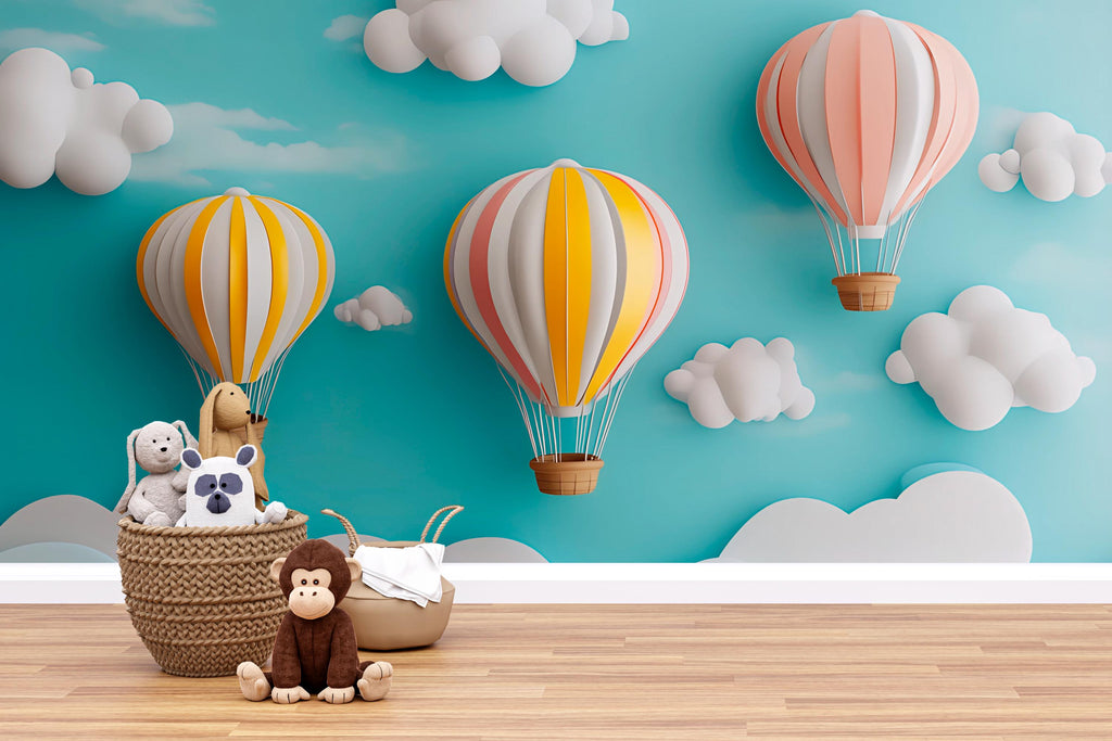 Hot Air Balloon Nursery Wall Mural – 3D Pastel Cloud Wallpaper for Baby Room or Playroom – Peel and Stick or Non-Woven